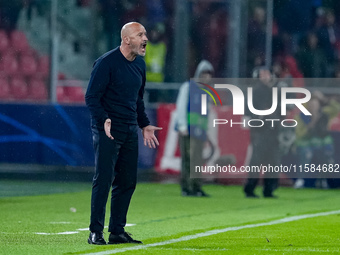 Vincenzo Italiano head coach of Bologna FC yells during the UEFA Champions League 2024/25 League Phase MD1 match between Bologna FC and FC S...