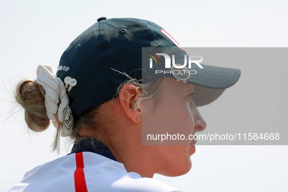 GAINESVILLE, VIRGINIA - SEPTEMBER 15: Nelly Korda of the United States watches Andrea Lee of the United States play the 12th hole during the...