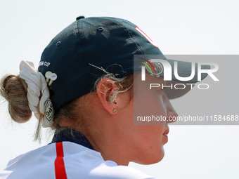 GAINESVILLE, VIRGINIA - SEPTEMBER 15: Nelly Korda of the United States watches Andrea Lee of the United States play the 12th hole during the...