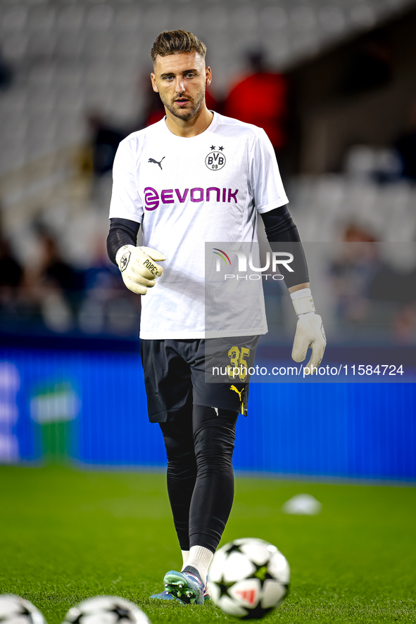 Borussia Dortmund goalkeeper Marcel Lotka during the match between Club Brugge and Borussia Dortmund at the Jan Breydelstadion for the Champ...