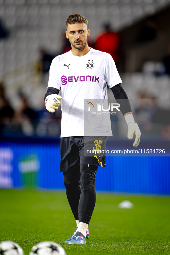 Borussia Dortmund goalkeeper Marcel Lotka during the match between Club Brugge and Borussia Dortmund at the Jan Breydelstadion for the Champ...