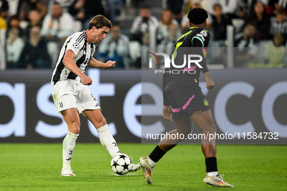 Dusan Vlahovic of Juventus during the UEFA Champions League 2024/25 League Phase MD1 match between Juventus and PSV Eindhoven at Juventus St...