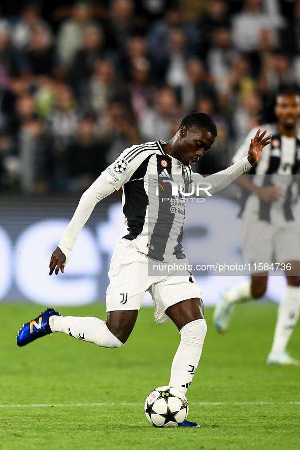 Timothy Weah of Juventus during the UEFA Champions League 2024/25 League Phase MD1 match between Juventus and PSV Eindhoven at Juventus Stad...