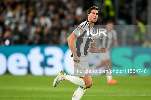 Dusan Vlahovic of Juventus during the UEFA Champions League 2024/25 League Phase MD1 match between Juventus and PSV Eindhoven at Juventus St...