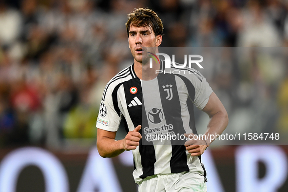 Dusan Vlahovic of Juventus looks on during the UEFA Champions League 2024/25 League Phase MD1 match between Juventus and PSV Eindhoven at Ju...