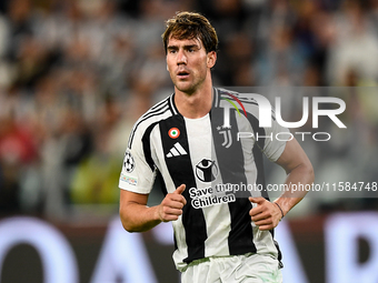 Dusan Vlahovic of Juventus looks on during the UEFA Champions League 2024/25 League Phase MD1 match between Juventus and PSV Eindhoven at Ju...