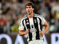 Dusan Vlahovic of Juventus looks on during the UEFA Champions League 2024/25 League Phase MD1 match between Juventus and PSV Eindhoven at Ju...