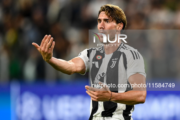 Dusan Vlahovic of Juventus gestures during the UEFA Champions League 2024/25 League Phase MD1 match between Juventus and PSV Eindhoven at Ju...