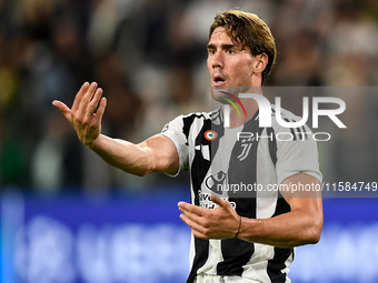 Dusan Vlahovic of Juventus gestures during the UEFA Champions League 2024/25 League Phase MD1 match between Juventus and PSV Eindhoven at Ju...