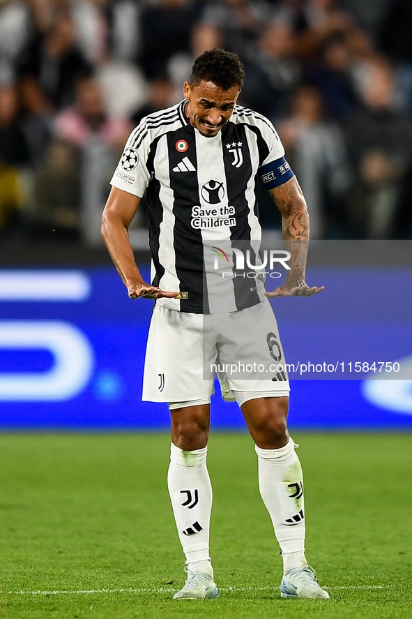 Danilo of Juventus gestures during the UEFA Champions League 2024/25 League Phase MD1 match between Juventus and PSV Eindhoven at Juventus S...