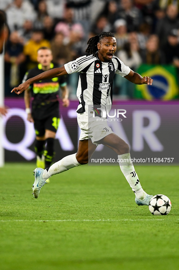 Khephren Thuram of Juventus during the UEFA Champions League 2024/25 League Phase MD1 match between Juventus and PSV Eindhoven at Juventus S...