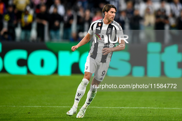 Dusan Vlahovic of Juventus during the UEFA Champions League 2024/25 League Phase MD1 match between Juventus and PSV Eindhoven at Juventus St...