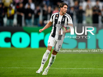 Dusan Vlahovic of Juventus during the UEFA Champions League 2024/25 League Phase MD1 match between Juventus and PSV Eindhoven at Juventus St...