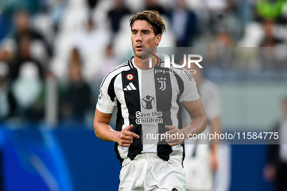 Dusan Vlahovic of Juventus during the UEFA Champions League 2024/25 League Phase MD1 match between Juventus and PSV Eindhoven at Juventus St...