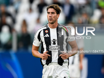 Dusan Vlahovic of Juventus during the UEFA Champions League 2024/25 League Phase MD1 match between Juventus and PSV Eindhoven at Juventus St...