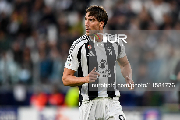 Dusan Vlahovic of Juventus during the UEFA Champions League 2024/25 League Phase MD1 match between Juventus and PSV Eindhoven at Juventus St...