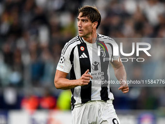 Dusan Vlahovic of Juventus during the UEFA Champions League 2024/25 League Phase MD1 match between Juventus and PSV Eindhoven at Juventus St...