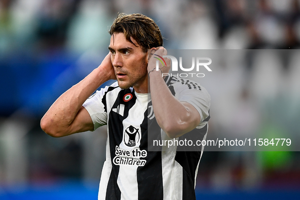 Dusan Vlahovic of Juventus during the UEFA Champions League 2024/25 League Phase MD1 match between Juventus and PSV Eindhoven at Juventus St...