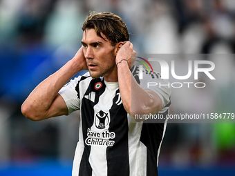 Dusan Vlahovic of Juventus during the UEFA Champions League 2024/25 League Phase MD1 match between Juventus and PSV Eindhoven at Juventus St...