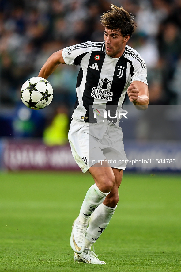 Dusan Vlahovic of Juventus during the UEFA Champions League 2024/25 League Phase MD1 match between Juventus and PSV Eindhoven at Juventus St...