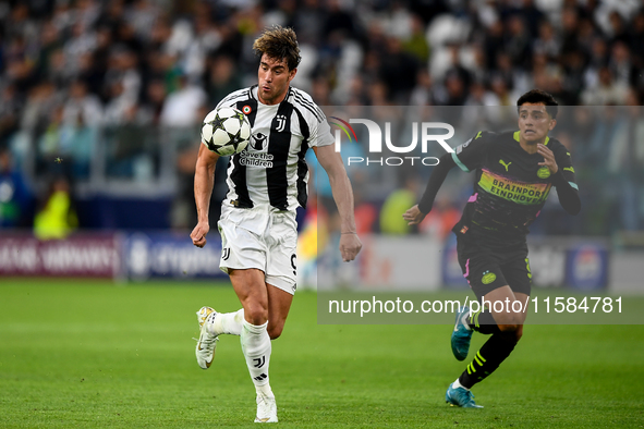 Dusan Vlahovic of Juventus during the UEFA Champions League 2024/25 League Phase MD1 match between Juventus and PSV Eindhoven at Juventus St...