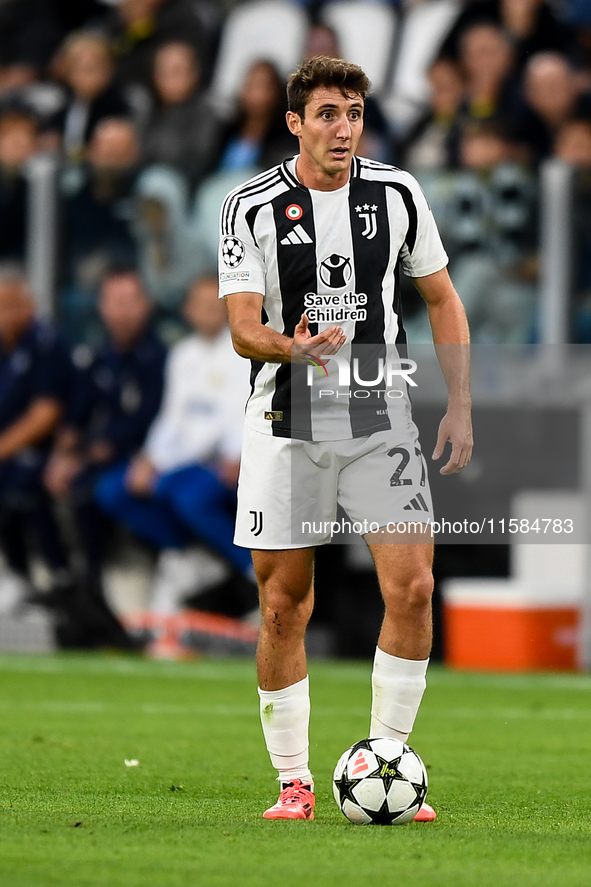 Andrea Cambiaso of Juventus during the UEFA Champions League 2024/25 League Phase MD1 match between Juventus and PSV Eindhoven at Juventus S...