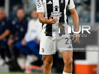 Andrea Cambiaso of Juventus during the UEFA Champions League 2024/25 League Phase MD1 match between Juventus and PSV Eindhoven at Juventus S...