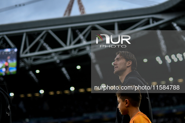 Dusan Vlahovic of Juventus during the UEFA Champions League 2024/25 League Phase MD1 match between Juventus and PSV Eindhoven at Juventus St...