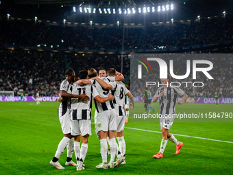 The Juventus team celebrates after the goal of 3-0 during the UEFA Champions League 2024/25 League Phase MD1 match between Juventus and PSV...