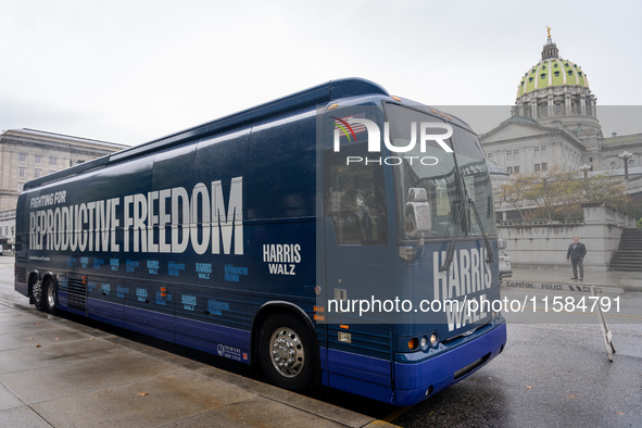 The Harris-Walz Fighting for Reproductive Freedom bus parks at the Pennsylvania State Capitol in Harrisburg, Pennsylvania, United States, on...