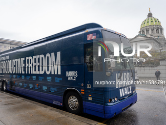 The Harris-Walz Fighting for Reproductive Freedom bus parks at the Pennsylvania State Capitol in Harrisburg, Pennsylvania, United States, on...