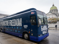 The Harris-Walz Fighting for Reproductive Freedom bus parks at the Pennsylvania State Capitol in Harrisburg, Pennsylvania, United States, on...