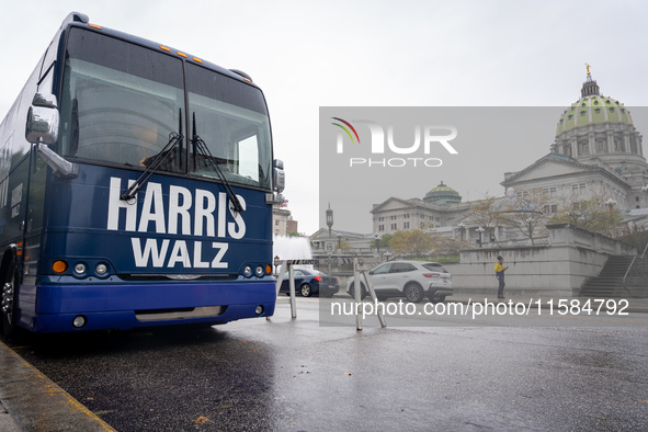 The Harris-Walz Fighting for Reproductive Freedom bus parks at the Pennsylvania State Capitol in Harrisburg, Pennsylvania, United States, on...