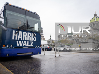 The Harris-Walz Fighting for Reproductive Freedom bus parks at the Pennsylvania State Capitol in Harrisburg, Pennsylvania, United States, on...