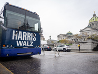 The Harris-Walz Fighting for Reproductive Freedom bus parks at the Pennsylvania State Capitol in Harrisburg, Pennsylvania, United States, on...