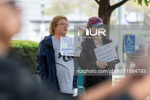 Supporters of pro-choice listen to Governor Healey (D-MA) speak at a Harris-Walz Reproductive Freedom press conference in Harrisburg, Pennsy...