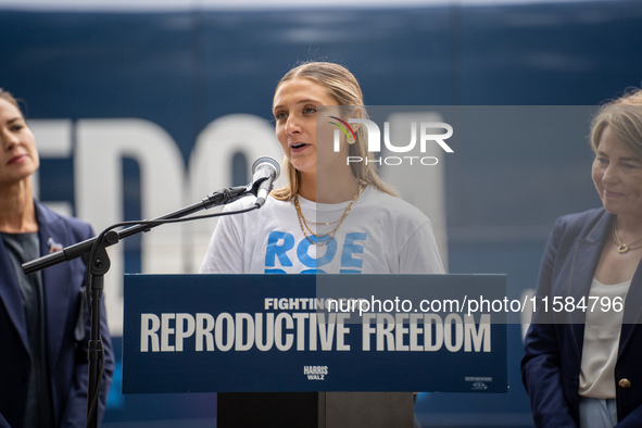 Activist Hadley Duvall, 22, speaks at a Harris-Walz Fighting for Reproductive Freedom press conference at the Pennsylvania State Capitol in...