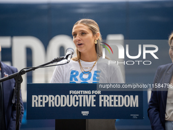 Activist Hadley Duvall, 22, speaks at a Harris-Walz Fighting for Reproductive Freedom press conference at the Pennsylvania State Capitol in...