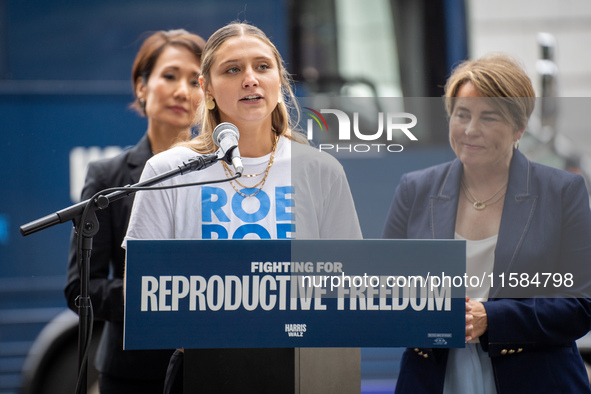 Activist Hadley Duvall, 22, speaks at a Harris-Walz Fighting for Reproductive Freedom press conference at the Pennsylvania State Capitol in...