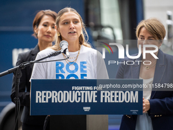 Activist Hadley Duvall, 22, speaks at a Harris-Walz Fighting for Reproductive Freedom press conference at the Pennsylvania State Capitol in...