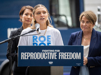 Activist Hadley Duvall, 22, speaks at a Harris-Walz Fighting for Reproductive Freedom press conference at the Pennsylvania State Capitol in...