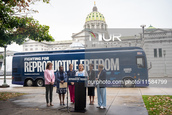 Activist Hadley Duvall, 22, speaks at a Harris-Walz Fighting for Reproductive Freedom press conference at the Pennsylvania State Capitol in...