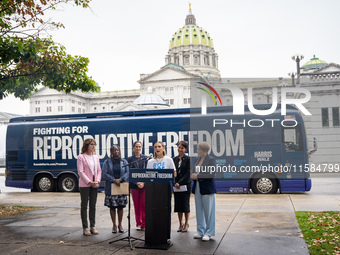 Activist Hadley Duvall, 22, speaks at a Harris-Walz Fighting for Reproductive Freedom press conference at the Pennsylvania State Capitol in...