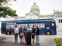 Activist Hadley Duvall, 22, speaks at a Harris-Walz Fighting for Reproductive Freedom press conference at the Pennsylvania State Capitol in...