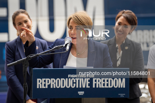 Governor Maura Healey (D-MA) speaks at a Harris-Walz Fighting for Reproductive Freedom press conference at the Pennsylvania State Capitol in...