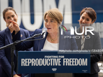 Governor Maura Healey (D-MA) speaks at a Harris-Walz Fighting for Reproductive Freedom press conference at the Pennsylvania State Capitol in...