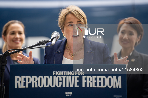 Governor Maura Healey (D-MA) speaks at a Harris-Walz Fighting for Reproductive Freedom press conference at the Pennsylvania State Capitol in...