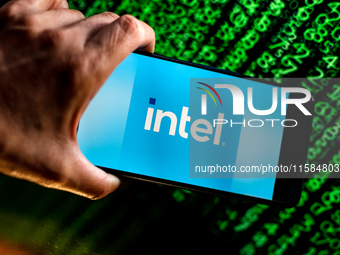 In this photo illustration, the Nvidia logo is seen displayed on a smartphone screen against a computer screen displaying a matrix image, as...