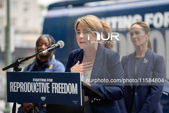 Governor Maura Healey (D-MA) speaks at a Harris-Walz Fighting for Reproductive Freedom press conference at the Pennsylvania State Capitol in...