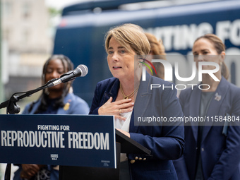 Governor Maura Healey (D-MA) speaks at a Harris-Walz Fighting for Reproductive Freedom press conference at the Pennsylvania State Capitol in...